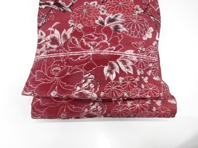  アンティーク　小鳥に牡丹・菊模様織り出し名古屋帯（着用可）